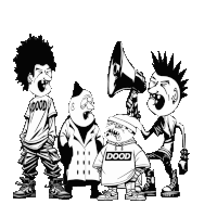 a group of cartoon characters with one wearing a shirt that says dood on it