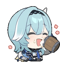 a chibi illustration of a girl drinking from a wooden barrel .