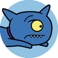 a cartoon drawing of a blue monster with yellow eyes and teeth