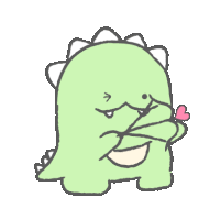 a cartoon drawing of a green dinosaur with a pink heart on its nose