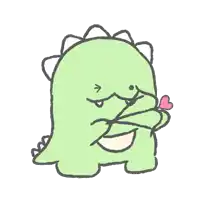 a cartoon drawing of a green dinosaur with a pink heart on its nose