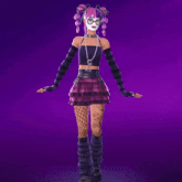 a girl with pink hair and glasses is wearing a black top and purple skirt