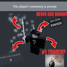 a poster that says " this player 's inventory is private never usd bought "