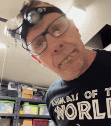 a man wearing glasses and a headlamp is wearing a shirt that says animals of the world