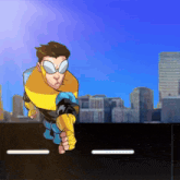 a cartoon of a superhero flying over a city street