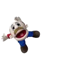 a stuffed toy with a mustache and a red shirt is flying in the air