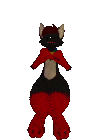 a black and red furry cartoon character is dancing with his arms outstretched