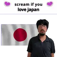 a man with glasses and a beard stands in front of a japanese flag and says " scream if you love japan "