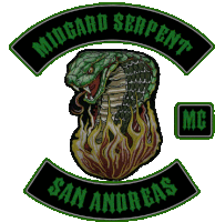 a logo for midgard serpent san andreas mc with a snake on it