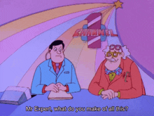 a cartoon of a man talking to another man in front of a sign that says channel 1