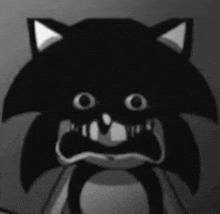 a black and white photo of a cartoon character with a cat 's head and ears .