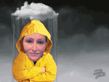 a woman wearing a yellow raincoat with a cloud coming out of her head