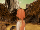 a girl with red hair is standing in a field with trees
