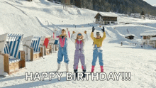 a group of people standing on top of a snow covered mountain with the words happy birthday written on the bottom