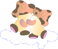 two mushrooms are sitting on a cloud with hearts on their heads