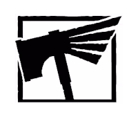 a black and white image of an axe with wings in a square .