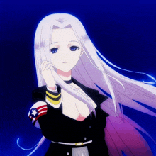 a girl with long white hair is wearing a black uniform