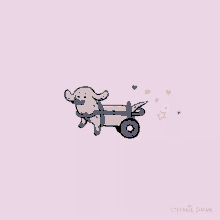 a drawing of a dog in a wheelchair by stefanie shank on a pink background