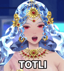 a woman with blue hair and gold jewelry has the word totli above her