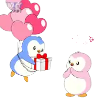 a cartoon of two penguins holding balloons and a gift