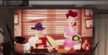 a tv screen shows a cartoon of a man and a woman talking