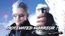 a man wearing sunglasses is holding a can of monster energy