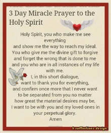 a 3 day miracle prayer to the holy spirit with doves and a red rose