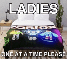 a bed with a roblox blanket on it