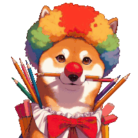 a dog wearing a clown wig is holding a pencil in his mouth