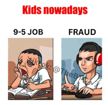 a cartoon of a boy with headphones and the words kids nowadays below him