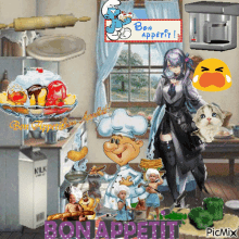 a picture of a kitchen with the words bon appetit on it