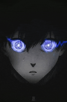 a close up of a person 's face with glowing blue eyes in the dark .