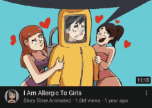 a cartoon of a man in a hazmat suit surrounded by two women says i am allergic to girls