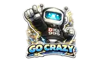 a sticker of a robot with the words go crazy below it