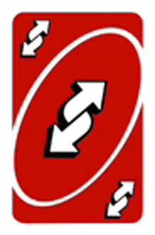 a red uno card with two white arrows pointing in opposite directions on a white background .