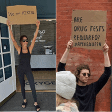 a woman holding up a sign that says we are hiring