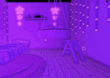 a bedroom with purple walls and a ladder in the corner