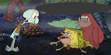 spongebob and patrick from spongebob squarepants are standing next to each other in a cave .