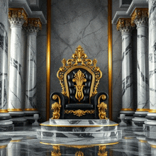 a black and gold chair sits on a marble pedestal