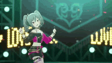 a anime girl is dancing on a stage in front of a heart shaped sign .