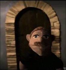 a cartoon man with a mustache is standing in front of a wooden archway