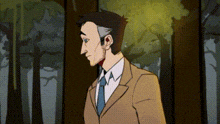 a cartoon of a man in a suit and tie standing in a forest .