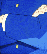 a man in a blue jacket with green buttons on the sleeves