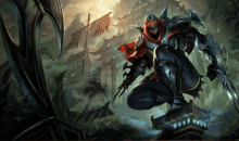 a painting of a ninja with a red cape holding a pair of swords