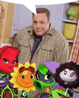 a man in a plaid shirt surrounded by cartoon characters