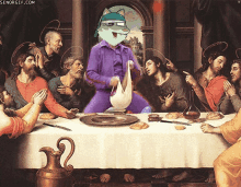 a painting of the last supper with a cat in the middle of it