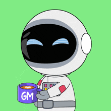 a cartoon drawing of an astronaut holding a cup that says gm on it