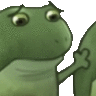 a cartoon frog is standing next to another frog and waving at it .