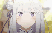 a girl with white hair and purple eyes has a flower on her hair