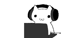 a cartoon cat wearing headphones is sitting in front of a computer .